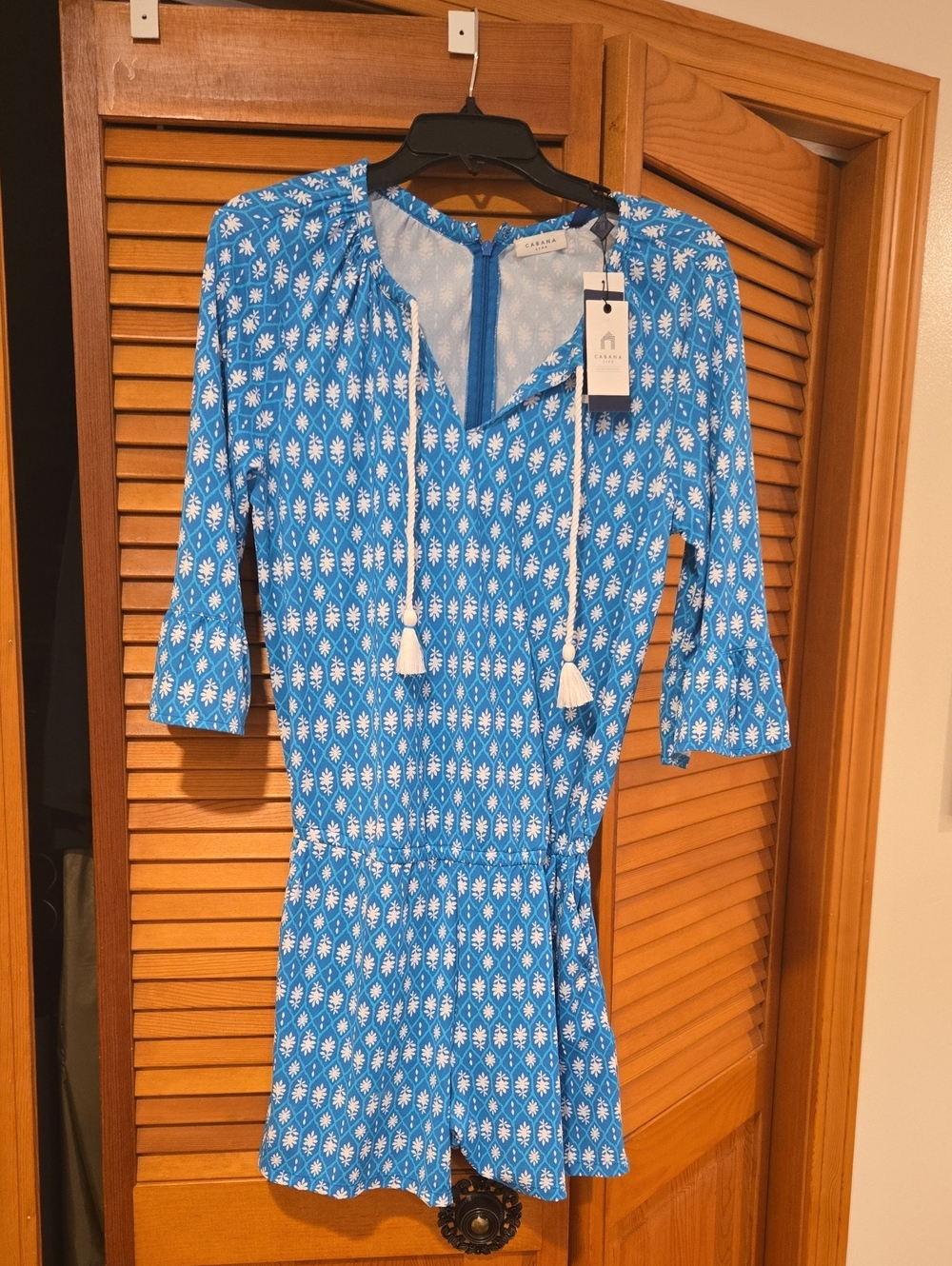 Blue Printed Women’s Romper with Tassel Tie